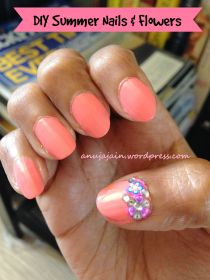 DIY Summer Nail Art with Flowers and Rhinestone